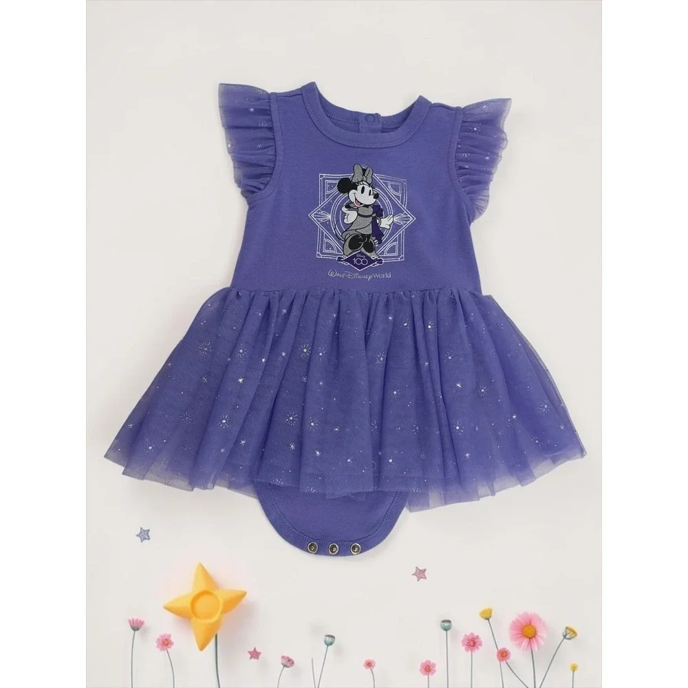 Disney 100 Minnie Mouse Purple Tulle Star Tutu Bodysuit Dress 18-24M